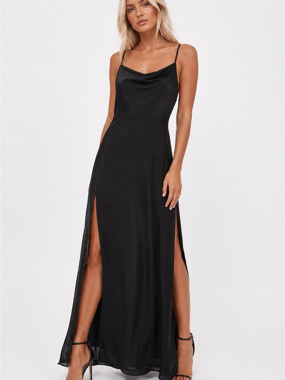NWT-Black Crepe Maxi Dress-Flowy Elegant Minimalist Evening Dress